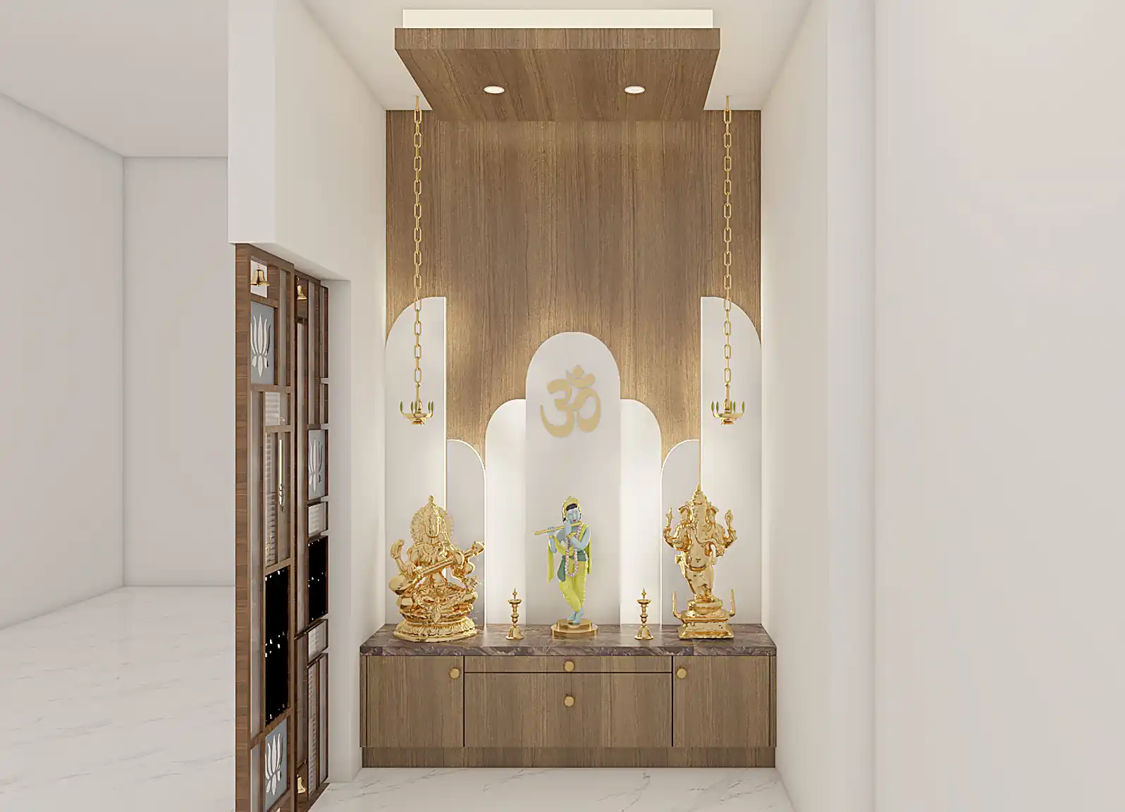 Pooja room in living room with backlit panel