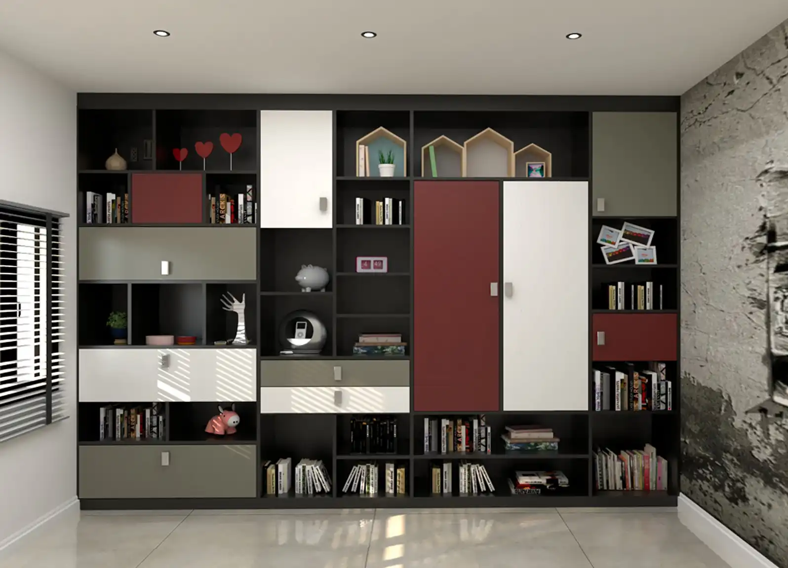 Library unit in Black, White and Red theme in living room