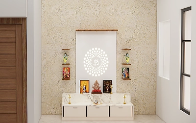 Simple Pooja room wall designed with wallpaper and CNC designed backpanel