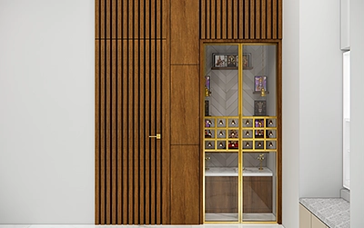 Luxury Pooja room designs with fluted glass and PVD coated frame Shutters