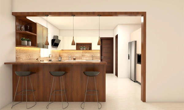 U Shaped Kitchen with architrave with wooden breakfast table