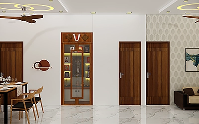 Pooja room with glass door with CNC design