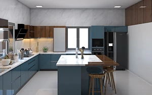 Blue and wood Island Kitchen