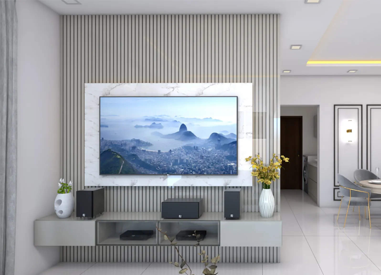 living room TV unit in White theme with rafter design