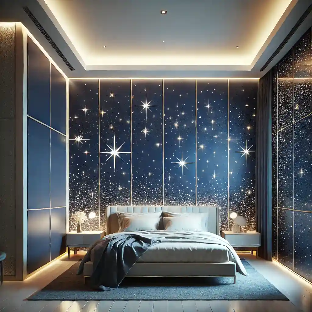 Bedroom wall design with deep blue hues and shimmering star-like patterns creating a celesti